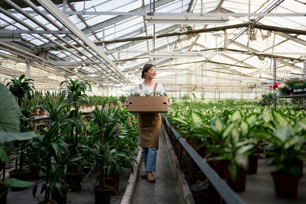 Happy,Gardener,With,Box,Walking,In,Greenhouse