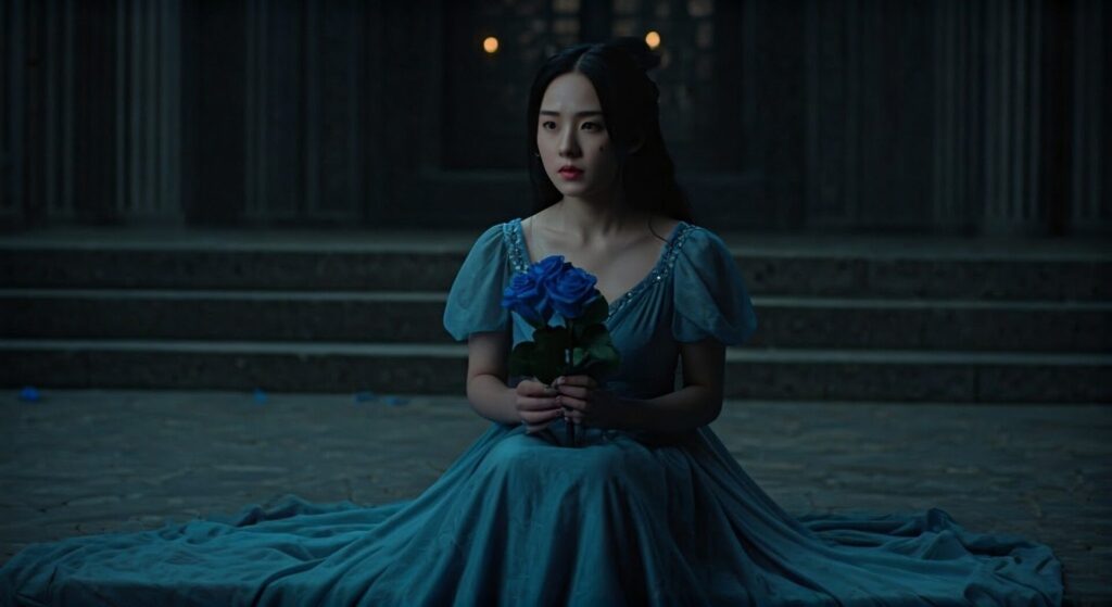 Cinematic,Scene, ,Asian,Woman,In,Blue,Dress,Holding,Blue