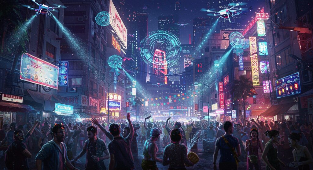 A,Futuristic,City,Hosting,A,High tech,Songkran,Festival,,Featuring,Drones