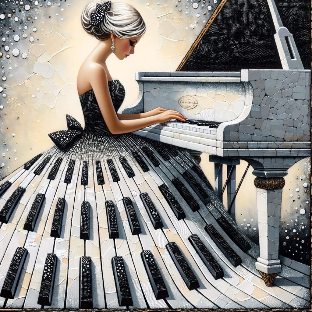 Whimsical,,Mixed,Media,,Woman,Wearing,A,Dress,With,Black,And