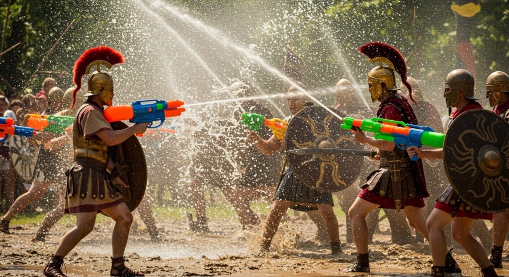 Ancient,Warriors,Wielding,Water,Guns,Instead,Of,Swords,,Engaging,In