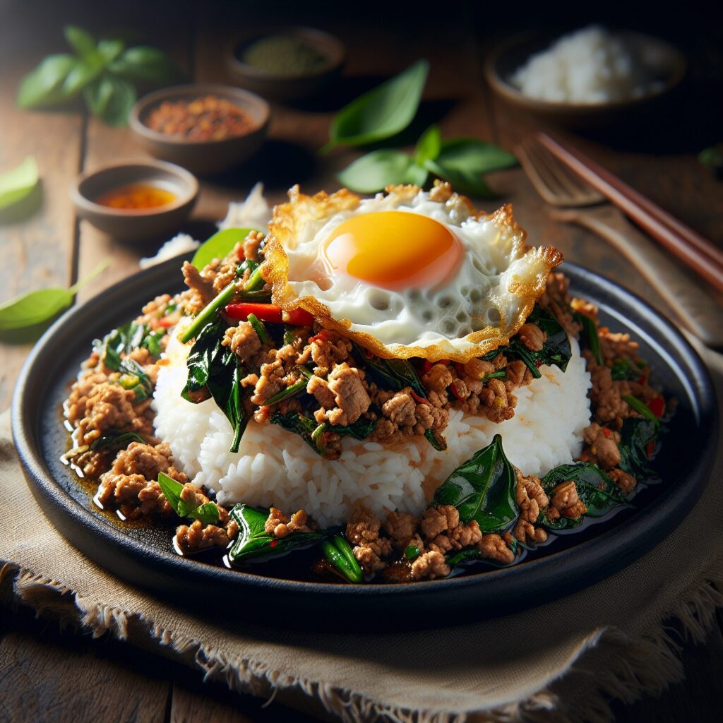 Pad,Kra,Pao,Mhoo,Rice,On,Black,Plate