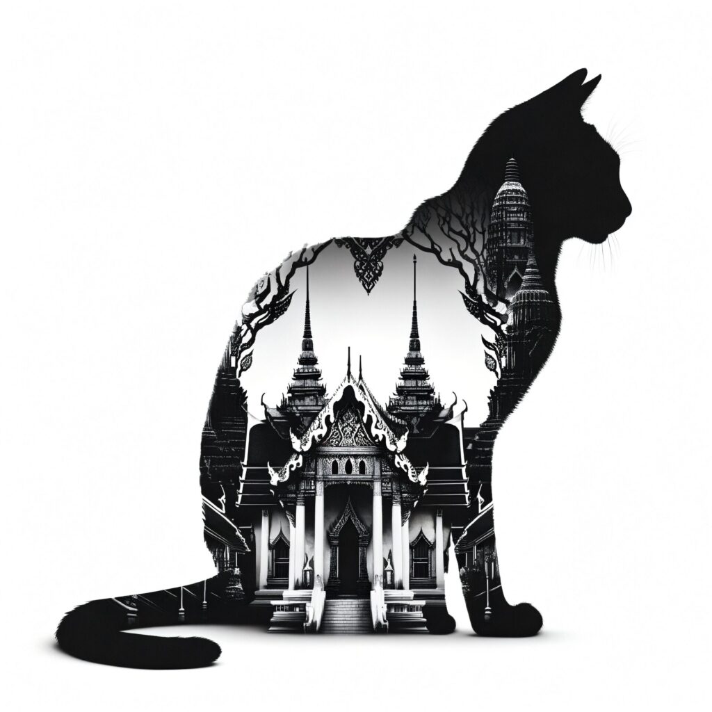 Double expose,A,Silhouette,Of,Black,Cat,And,Thai,Temple