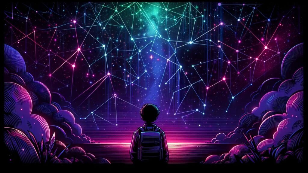 Flat,Design,Vector style,Image,Of,Kid,Looking,At,Network,Across