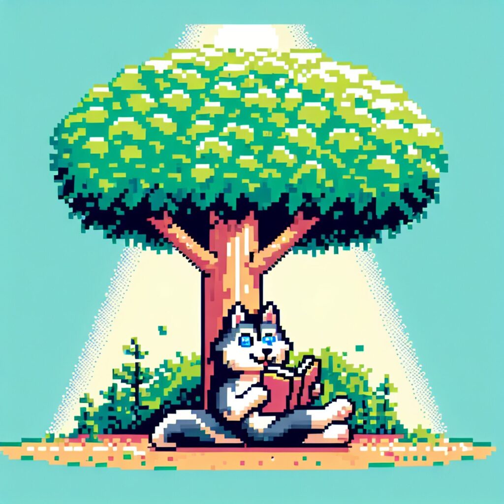 Pixel,Art,Vector style,Image,Of,Husky,Reading,Book,Under,Tree