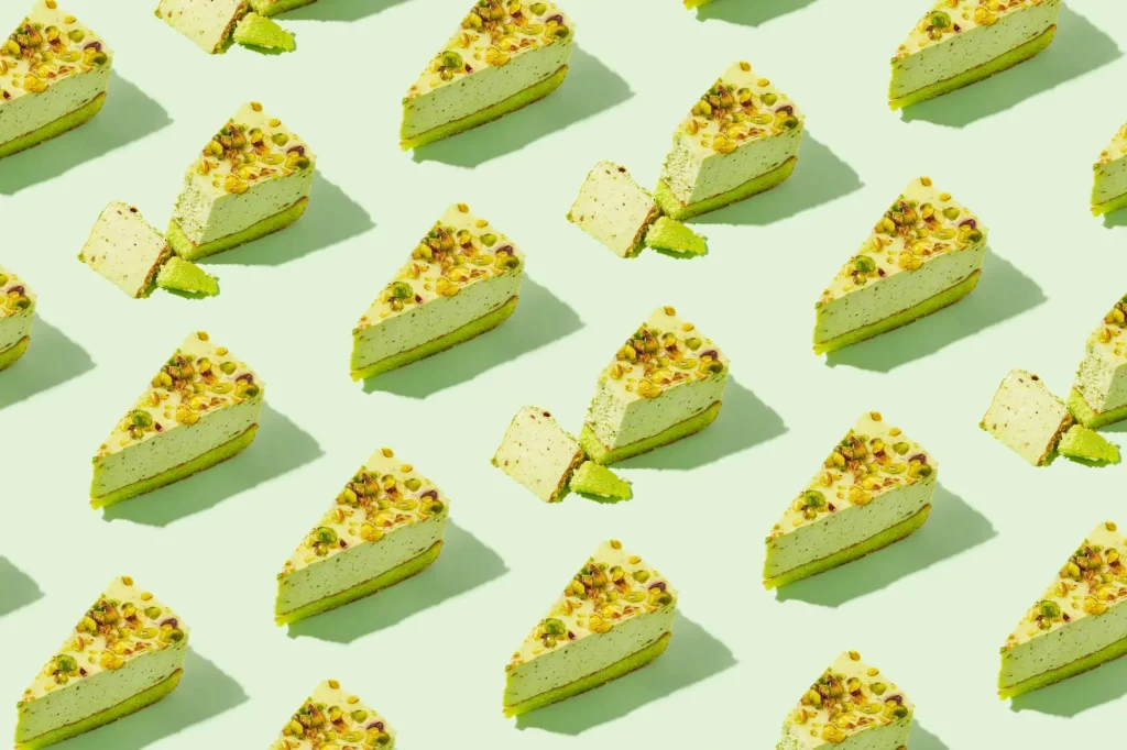 minimalist pastel pistachio cheesecakes