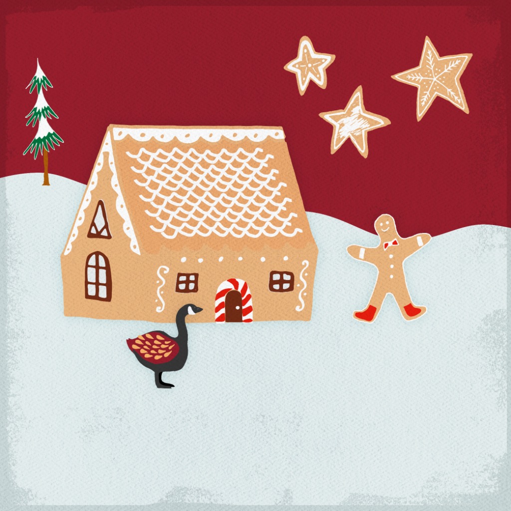 Gingerbread clip art including a gingerbread house, gingerbread man, three stars, a christmas tree, and a goose on a winter background