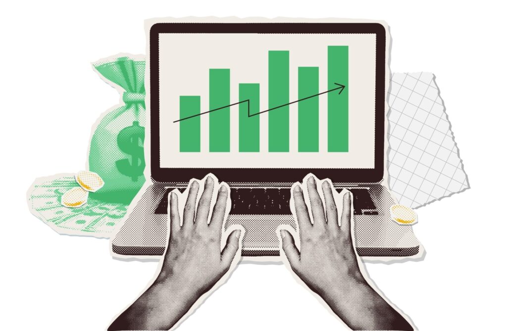 Contemporary,Halftone,Collage,With,Hands,,A,Laptop,And,Money,With