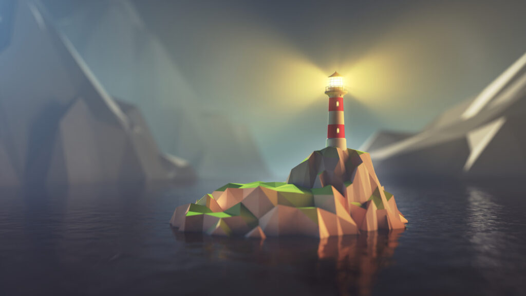 3d,Illustration,Of,Low,Poly,Lighthouse,On,Isolated,Island