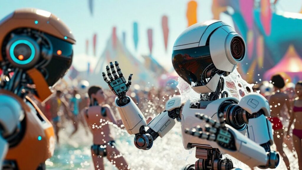 Robots,And,Humans,Joyfully,Playing,With,Water,Together,,Splashing,And