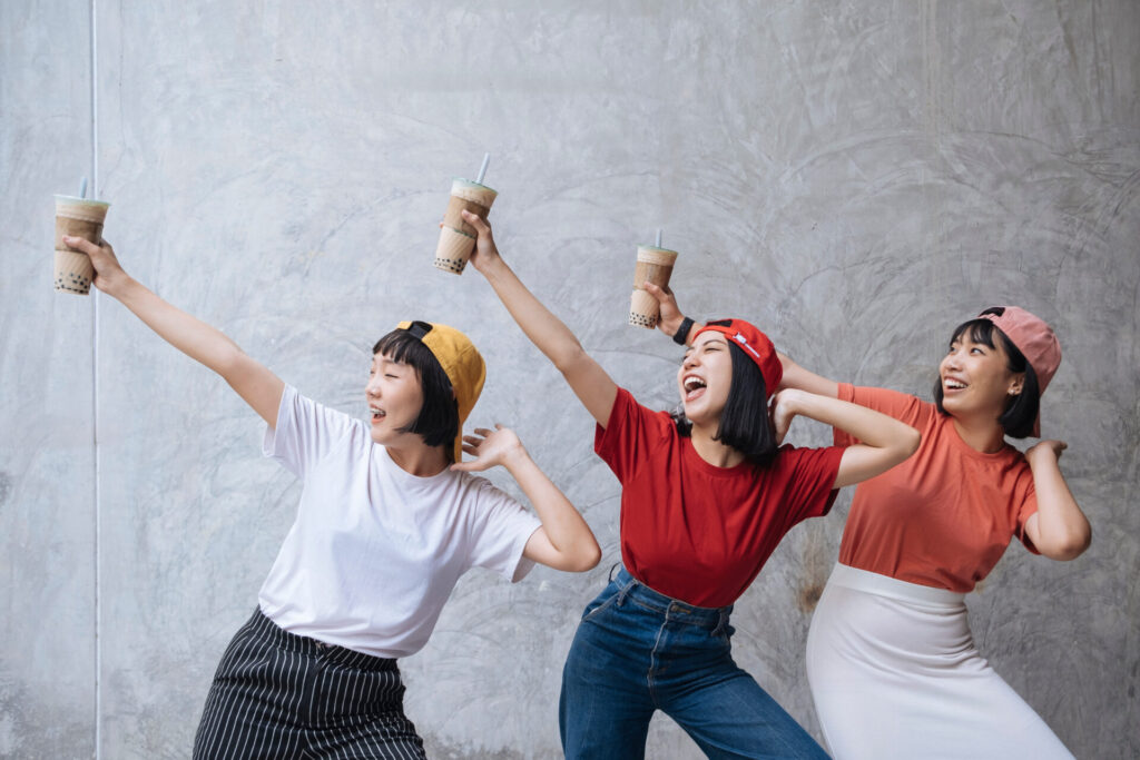 Three,Cheerful,Asian,Female,Teenager,Friends,With,Pearl,Milk,Tea