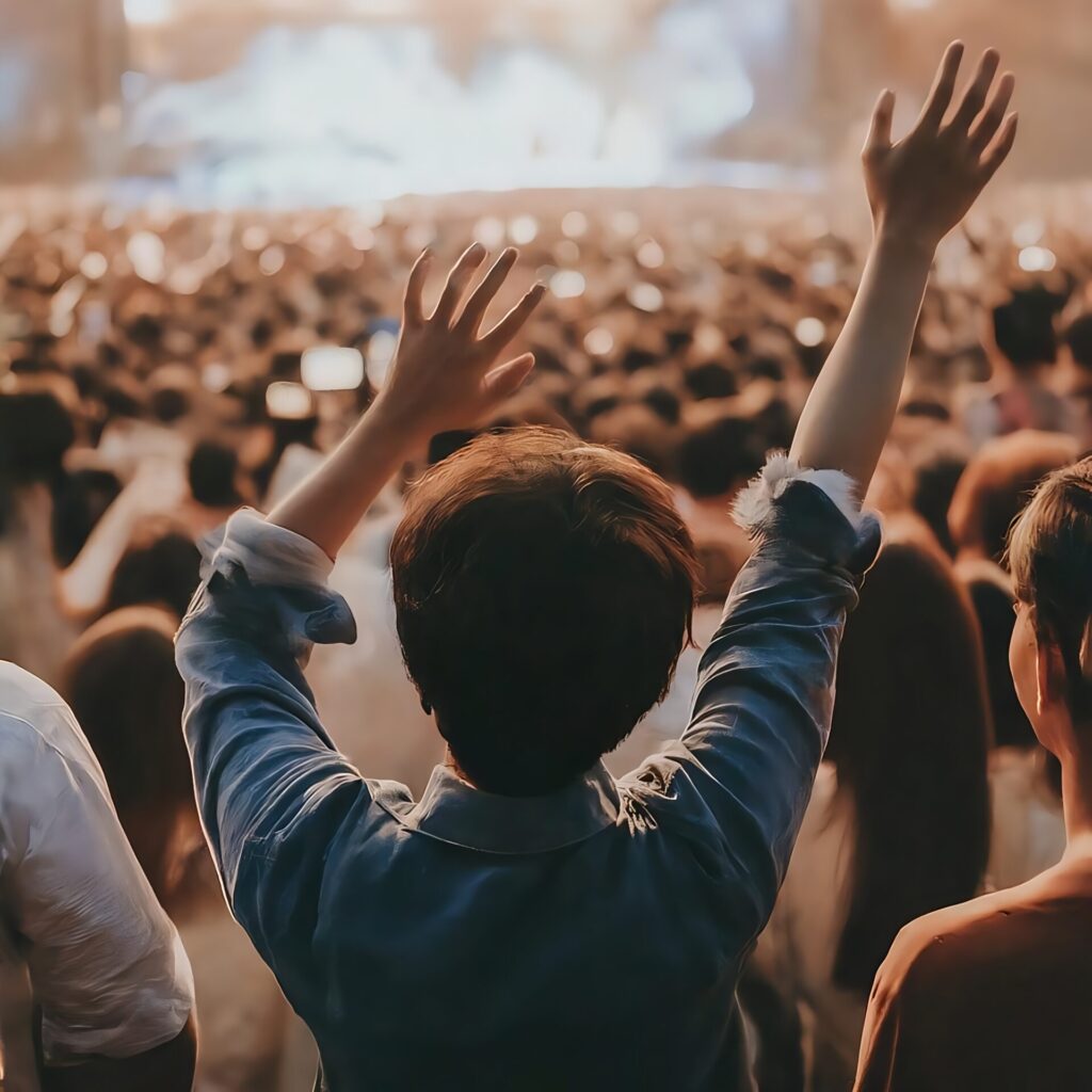 Young,Asian,Watching,Concert,With,Friends,,Back,View.