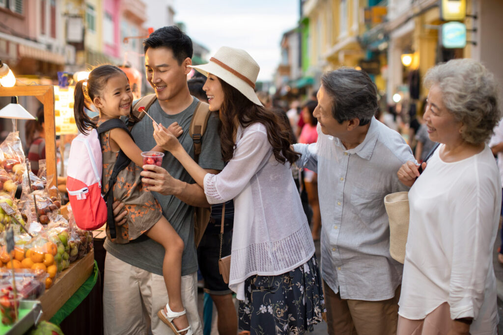 Happy,Chinese,Family,Relaxing,In,Street,Market
