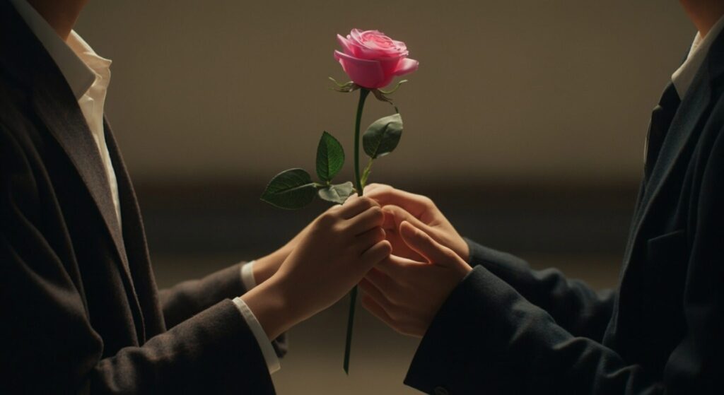 Cinematic,Scene, ,Pink,Rose,In,Hands,Of,Young,Asian