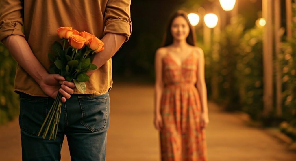 Cinematic,Scene, ,Man,Walking,To,Asian,Woman,With,Orange