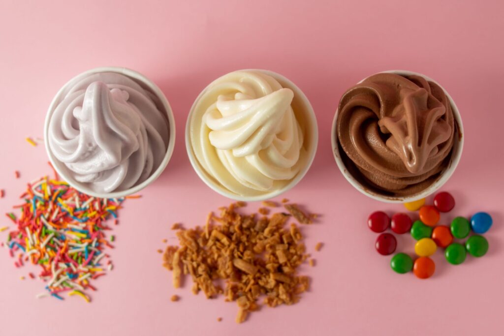 A,Top,View,Of,Chocolate,,Vanilla,,And,Taro,Soft,Serve