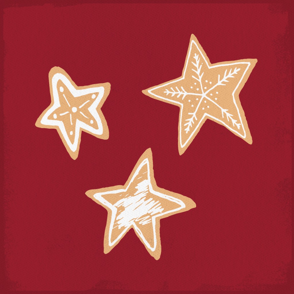 Three gingerbread stars on marroon background