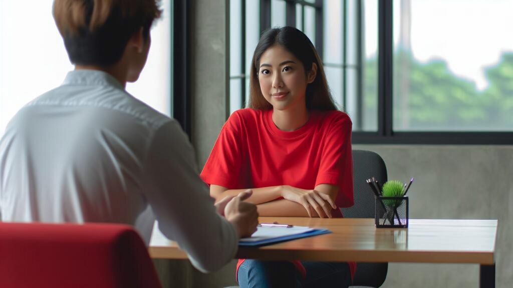 Client,Talking,With,Beautiful,Asian,Woman,Wear,Red,T shirt,Sitting