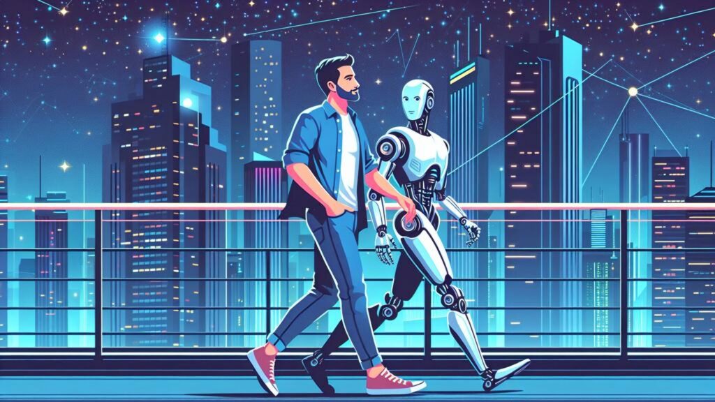 Flat,Design,Vector style,Image,Of,Man,Walking,With,Robot,In