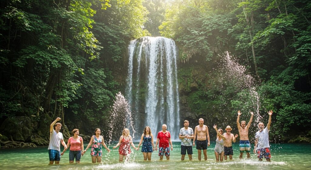 Tourists,Joyfully,Splashing,Water,Amidst,Breathtaking,Natural,Scenery,,Surrounded,By