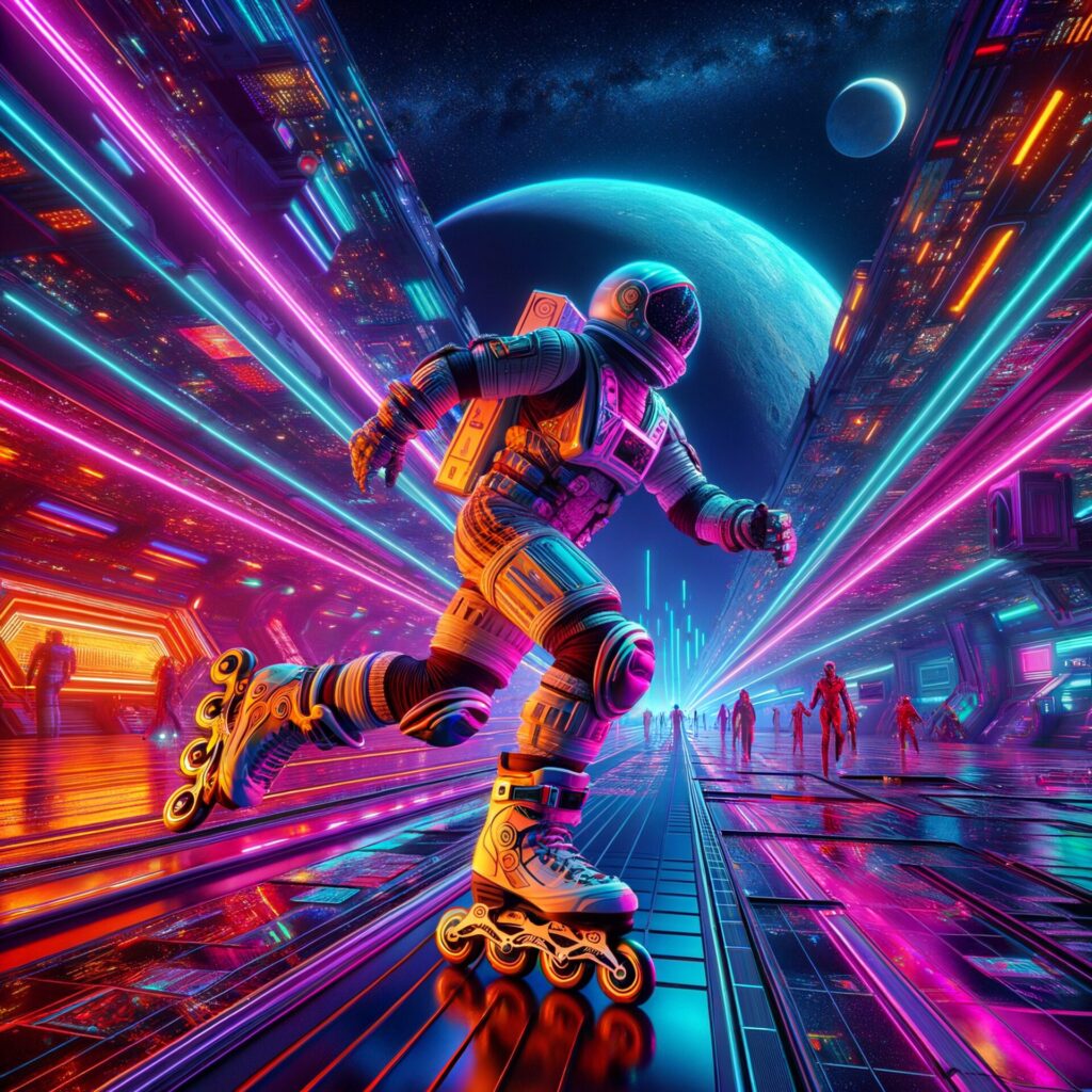 Cyberpunk,Photo,Of,Astronaut,Playing,Rollerblade,Colorful,Outta,Space