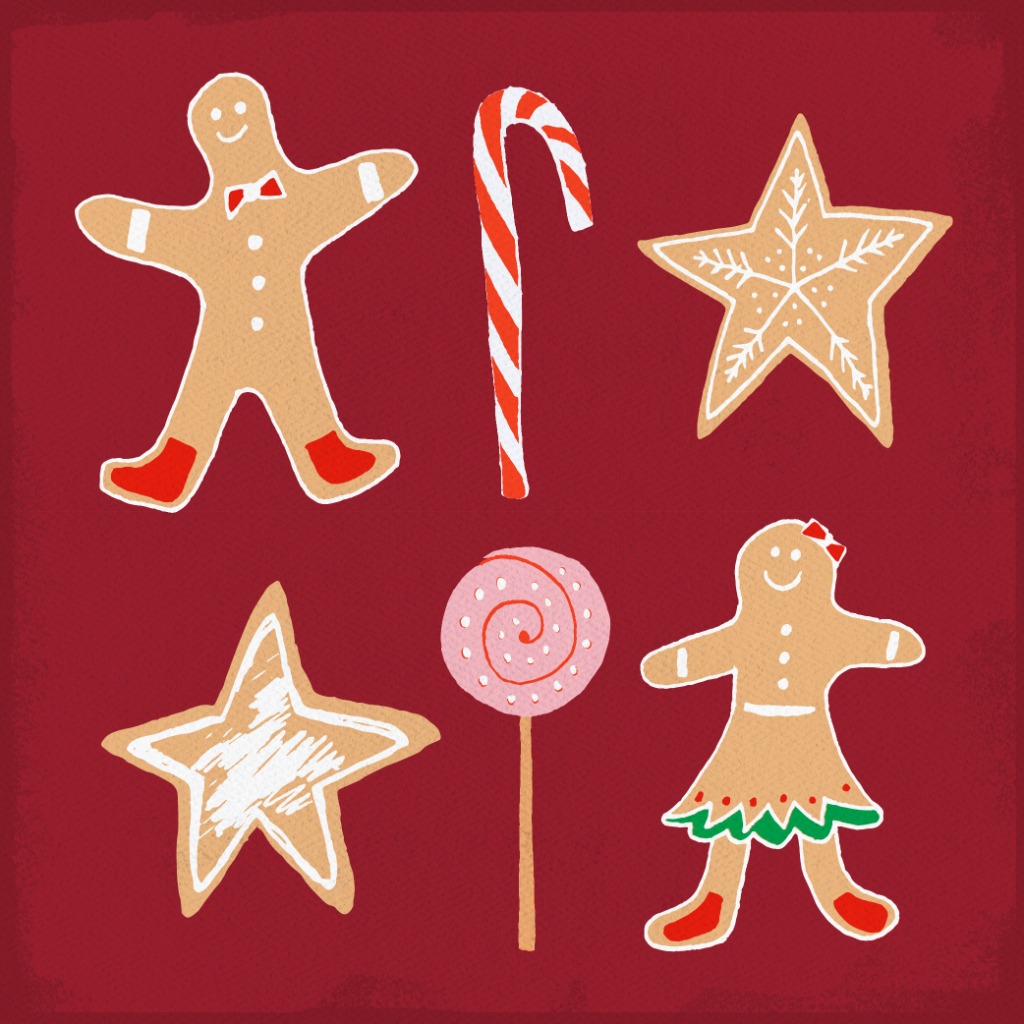 Gingerbread man and woman, candy cane, lollipop, and two gingerbread stars on marroon background