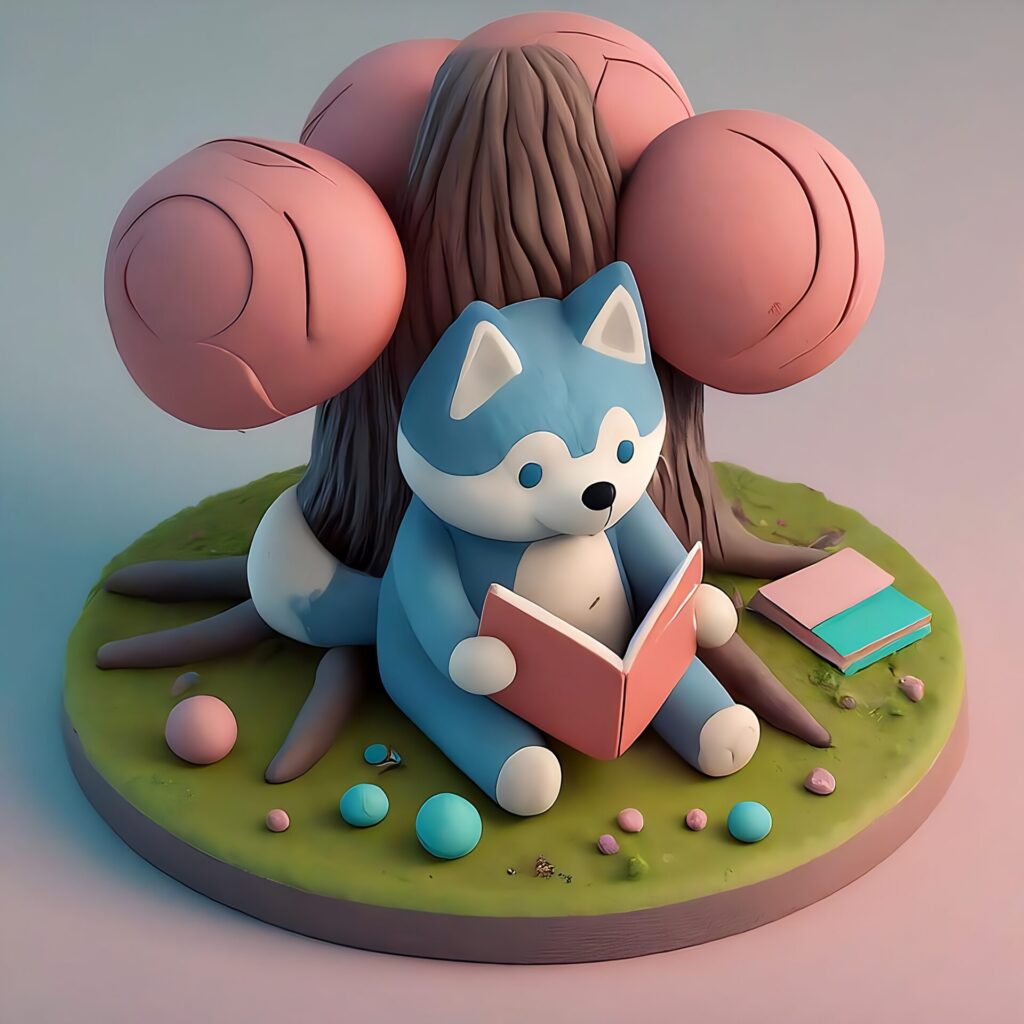 Cute,Isometric,3d,Image,Of,Husky,Reading,Book,Under,Tree