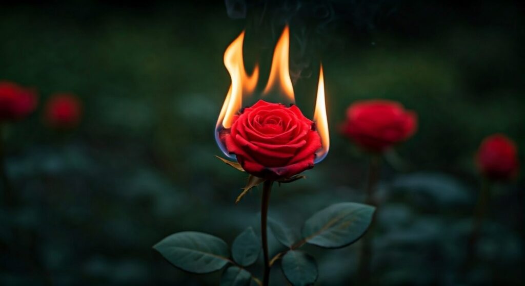 Cinematic,Scene, ,Red,Rose,On,Fire,In,Garden.