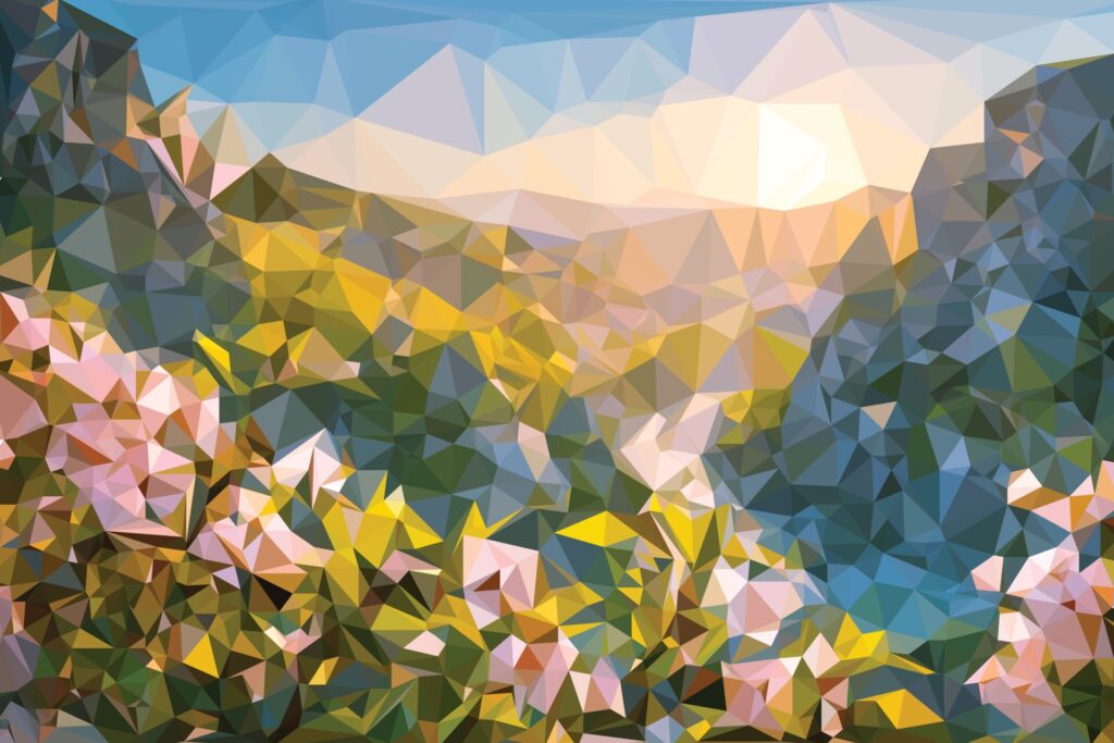 Low,Poly,Cartoon,Flowers,Of,Cherry,Blooms,Tree,,Spring,Nature