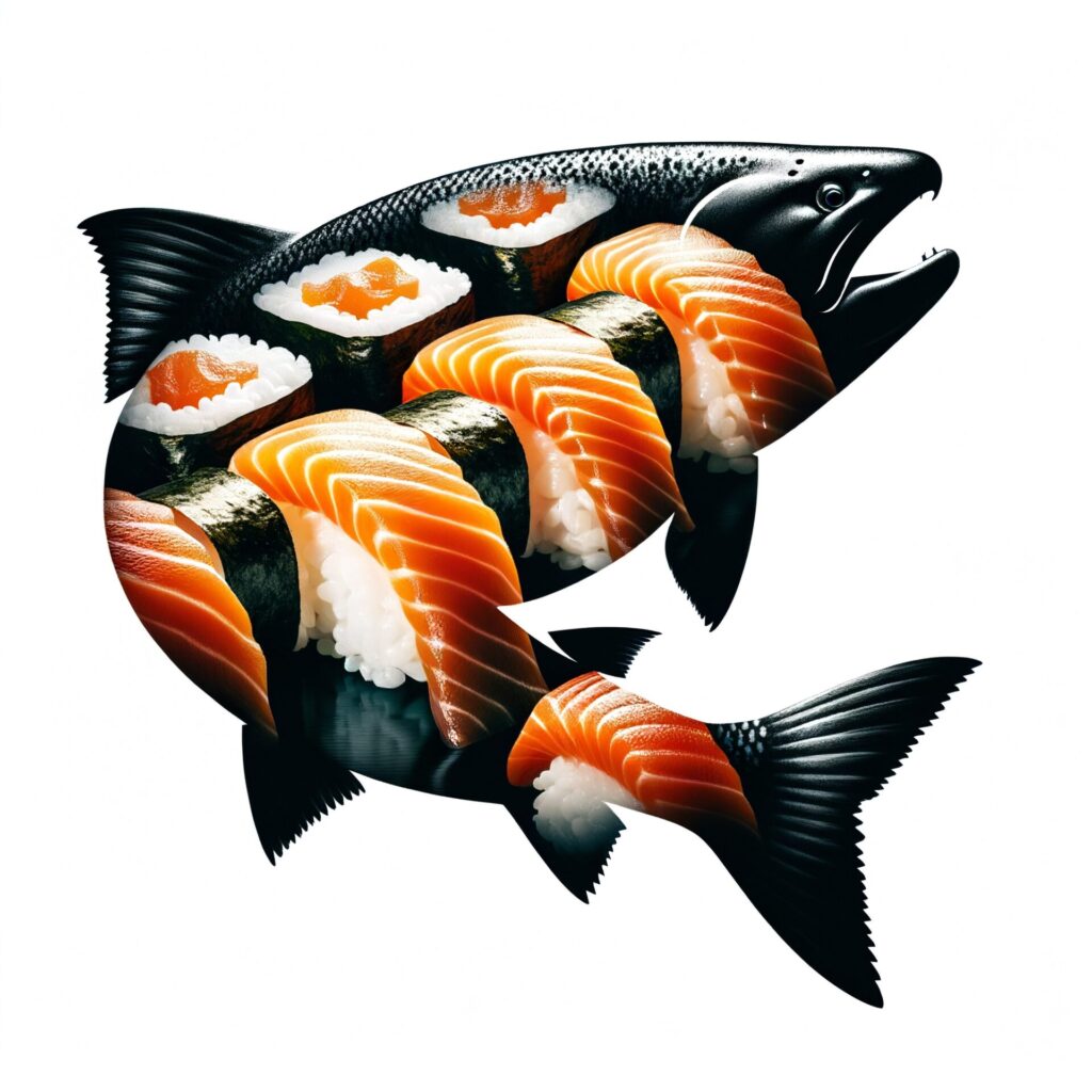 Double expose,A,Silhouette,Of,Salmon,And,Salmon,Sushi