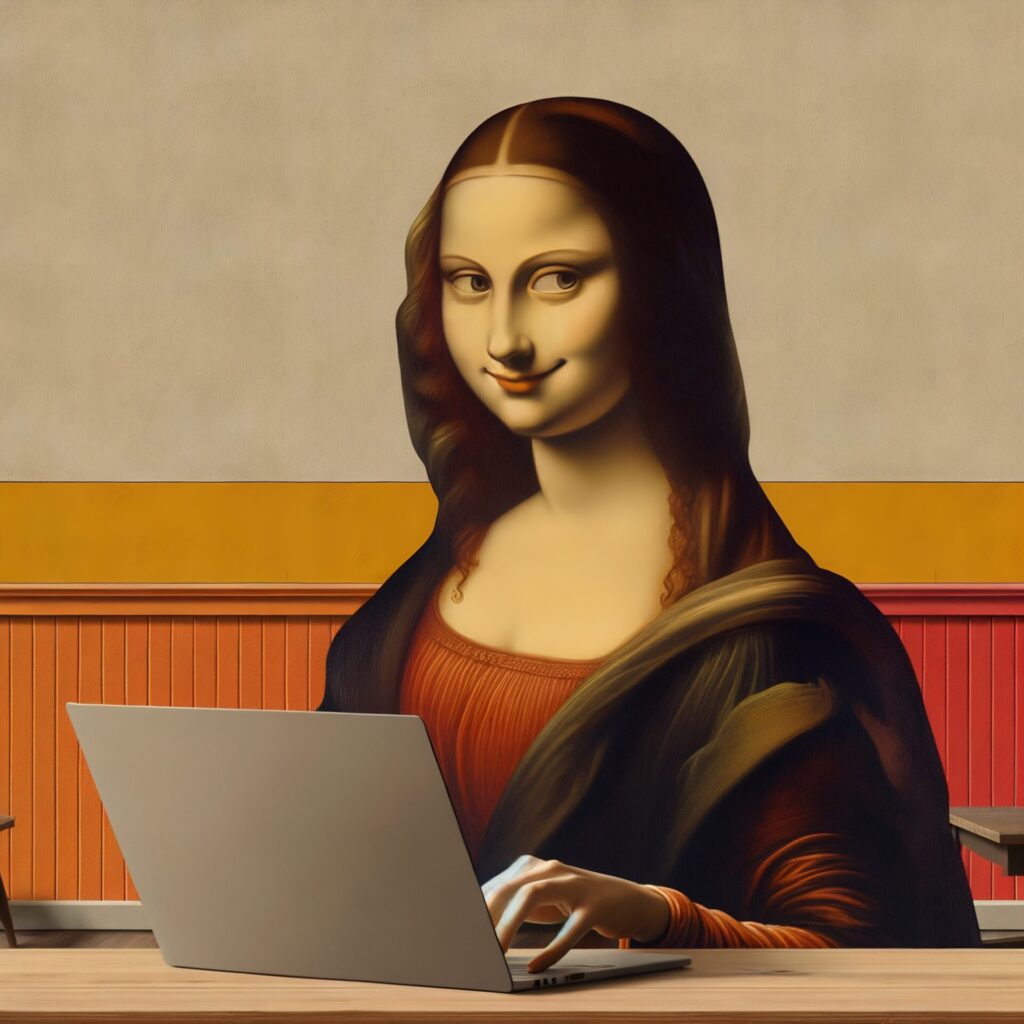 Advertising, ,Testimonial,Photo,Of,Mona,Lisa,Coding,On,Laptop