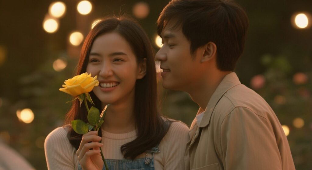 Cinematic,Scene, ,Yellow,Rose,In,Hand,Of,Asian,Woman