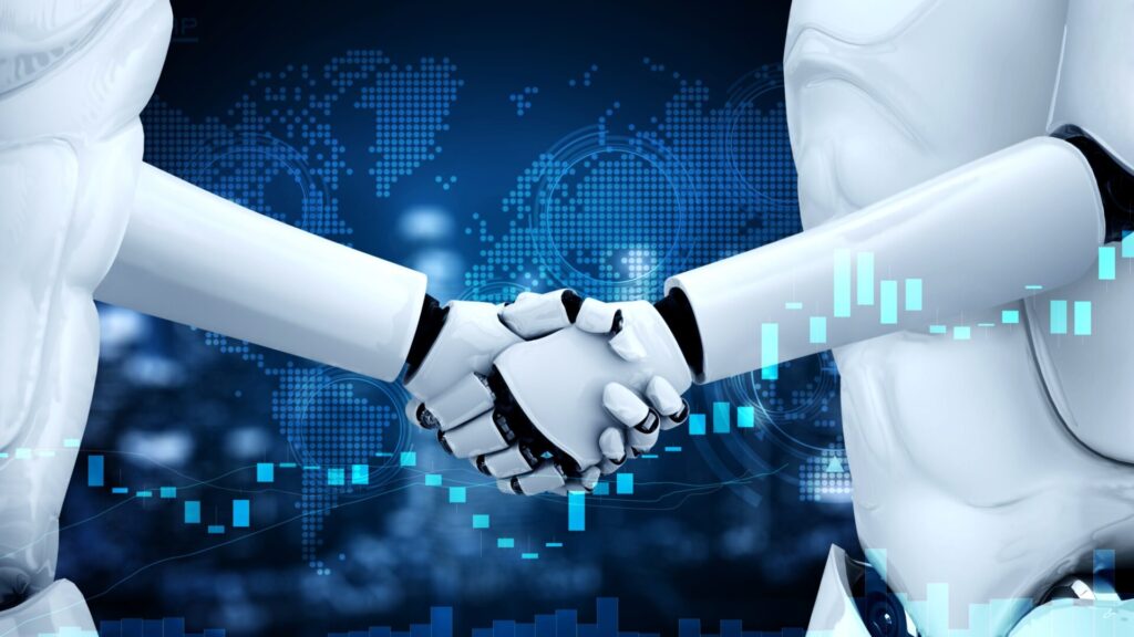 3d,Rendering,Hominoid,Robot,Handshake,With,Stock,Market,Trading,Chart