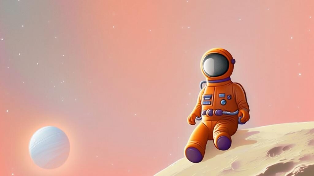 A,Captivating,,Whimsical,Digital,Illustration,Featuring,A,Cartoonish,Astronaut,Sitting