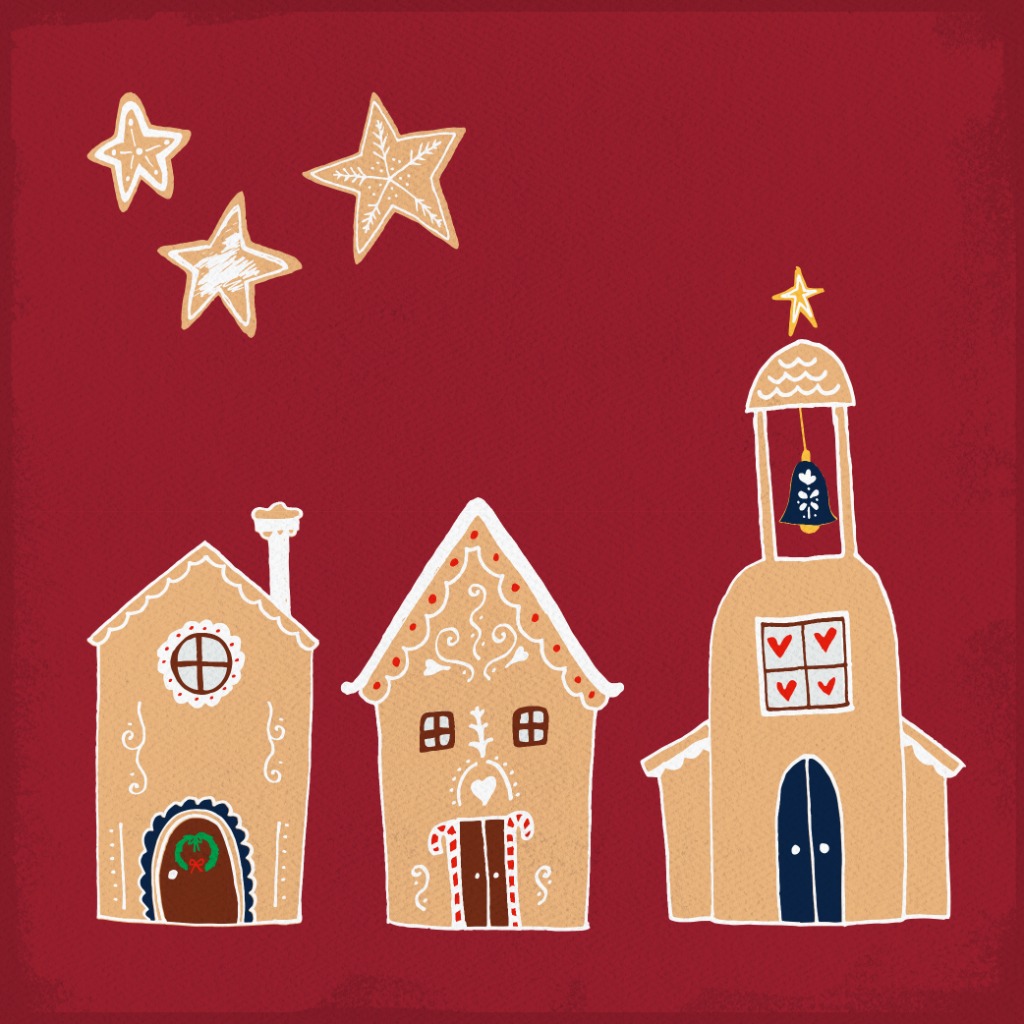 Gingerbread clip art including three gingerbread houses below three gingerbread stars on marroon background