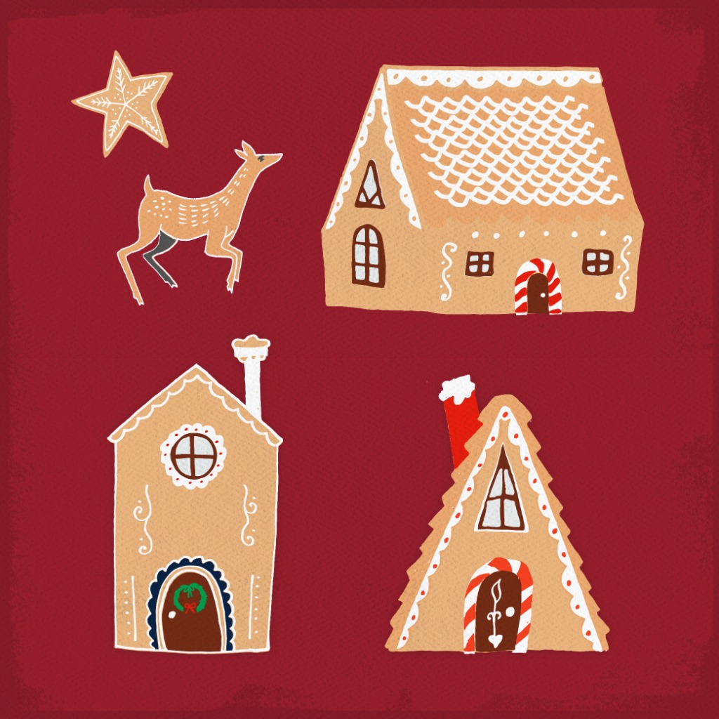 Gingerbread clip art including three different style houses, a deer, and a gold star