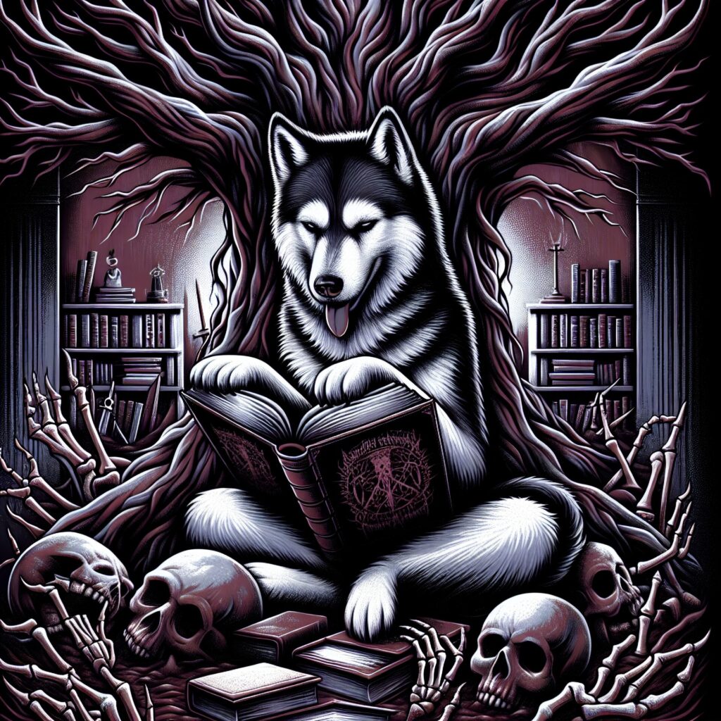 Rock,Album,Artistic,Image,Of,Husky,Reading,Book,Under,Tree