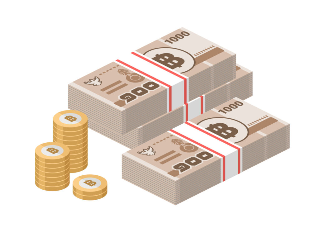 Isometric,Stacks,Of,1000,Thai,Baht,Banknotes,And,Coins.,One