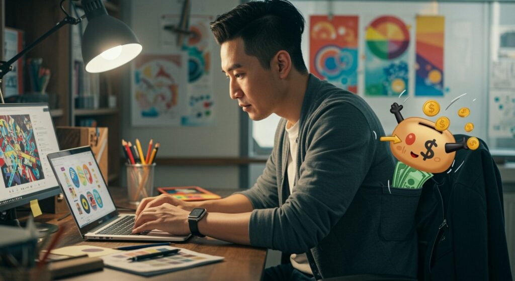Asian,Man,Graphic,Designer,Working,On,Laptop,And,Money,Bank