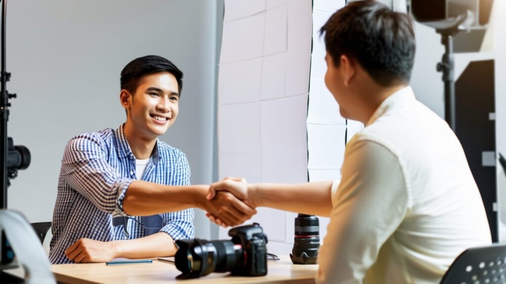 Asian,Photographer,Selling,Photo,To,Client,,Shake,Hand