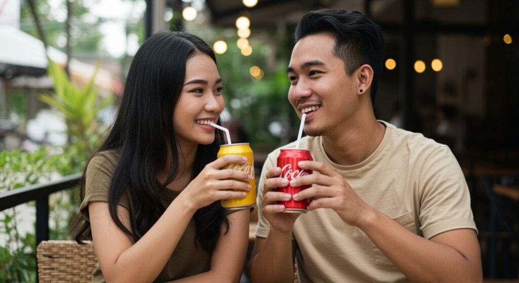 Thai,Asian,Couple,Enjoy,Drinking,Cola,Cans.