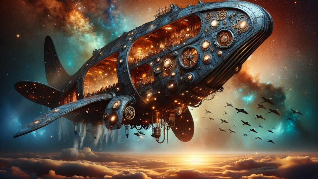 Steampunk,Spaceship,Whale,Flying,Across,Galaxy,With,Human,Colony,Inside.