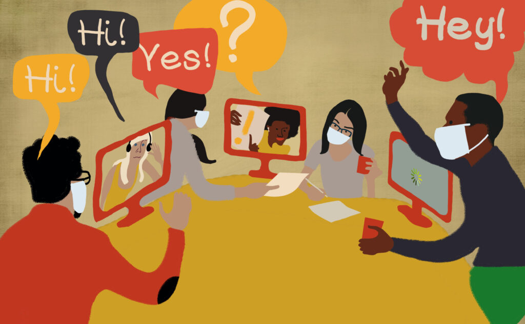 Group,Of,Young,People,Wearing,Masks,Communicating,Via,Video,Conference