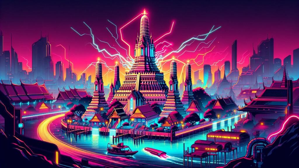 Flat,Design,Vector style,Image,Of,Wat,Arun,Near,Chaopraya,,cyberpunk,