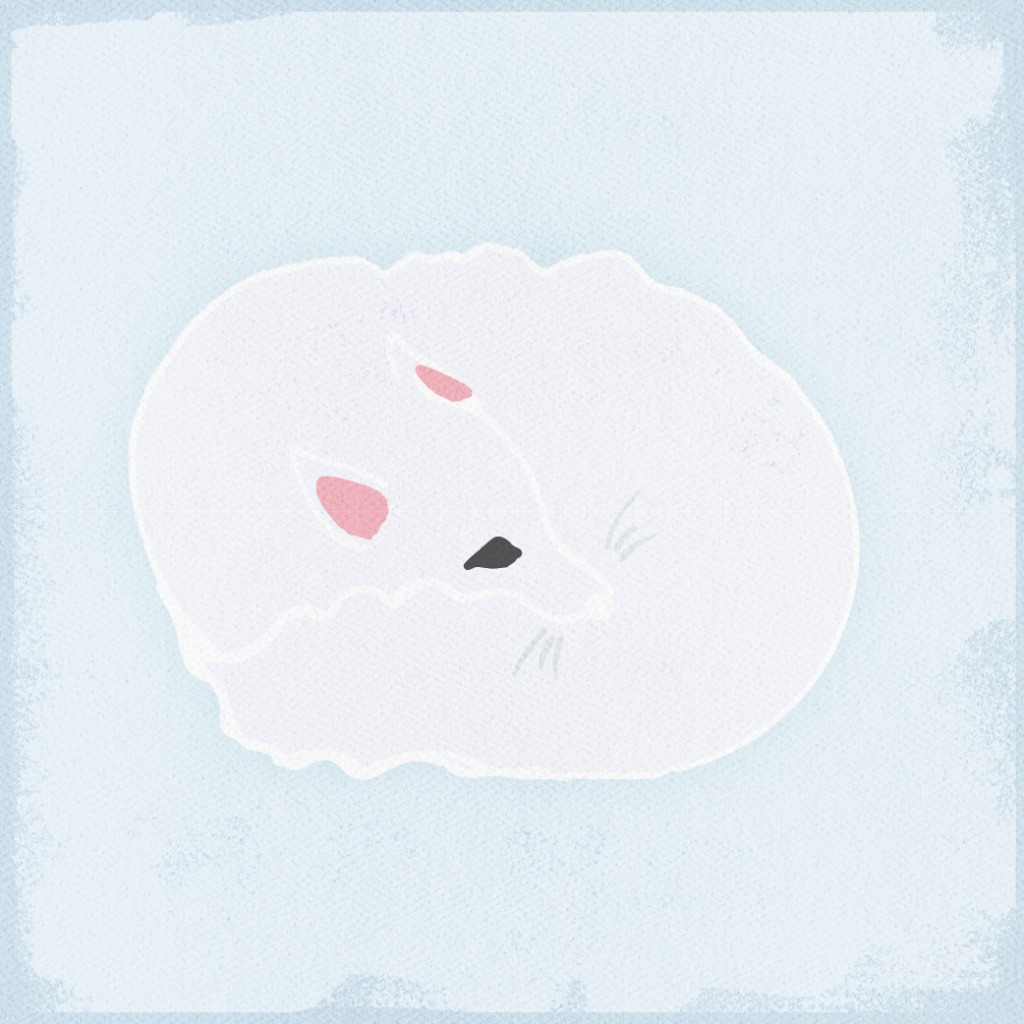 Illustration of a white fox with pink ears curled up in the snow