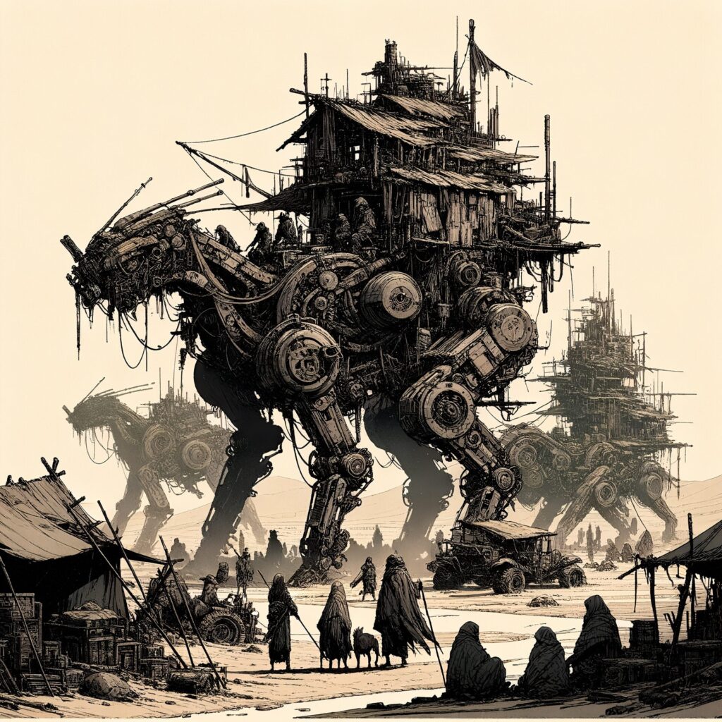 Post apocalyptic,Desert,Town,,Traders,On,Mechanical,Beasts,,In,A,Gritty,