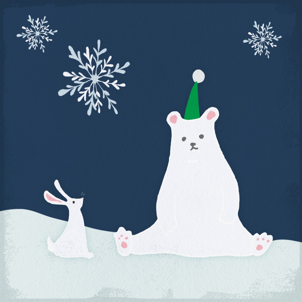 Gingerbread clip art including a white bear and rabbit, holiday snow flakes on a winter background