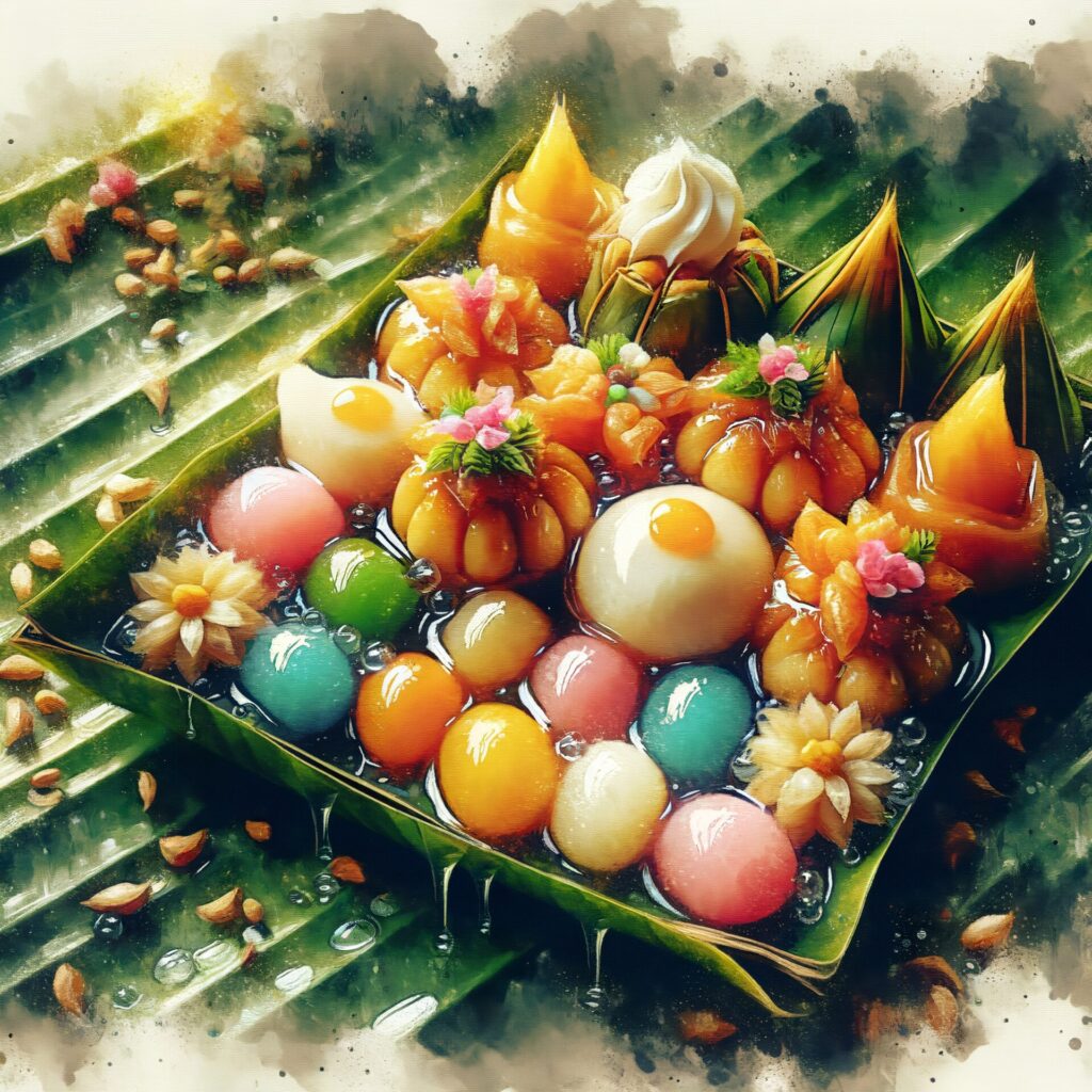 Watercolor,Artistic,Image,Of,Thai,Dessert,On,Banana,Leaf