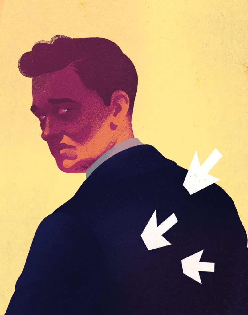 A,Sad,Man,With,Arrow,Pointers,Stabbed,In,His,Back