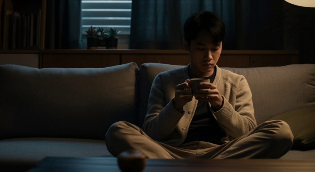 Cinematic,Scene, ,Asian,Young,Man,Sitting,And,Drinking,Hot